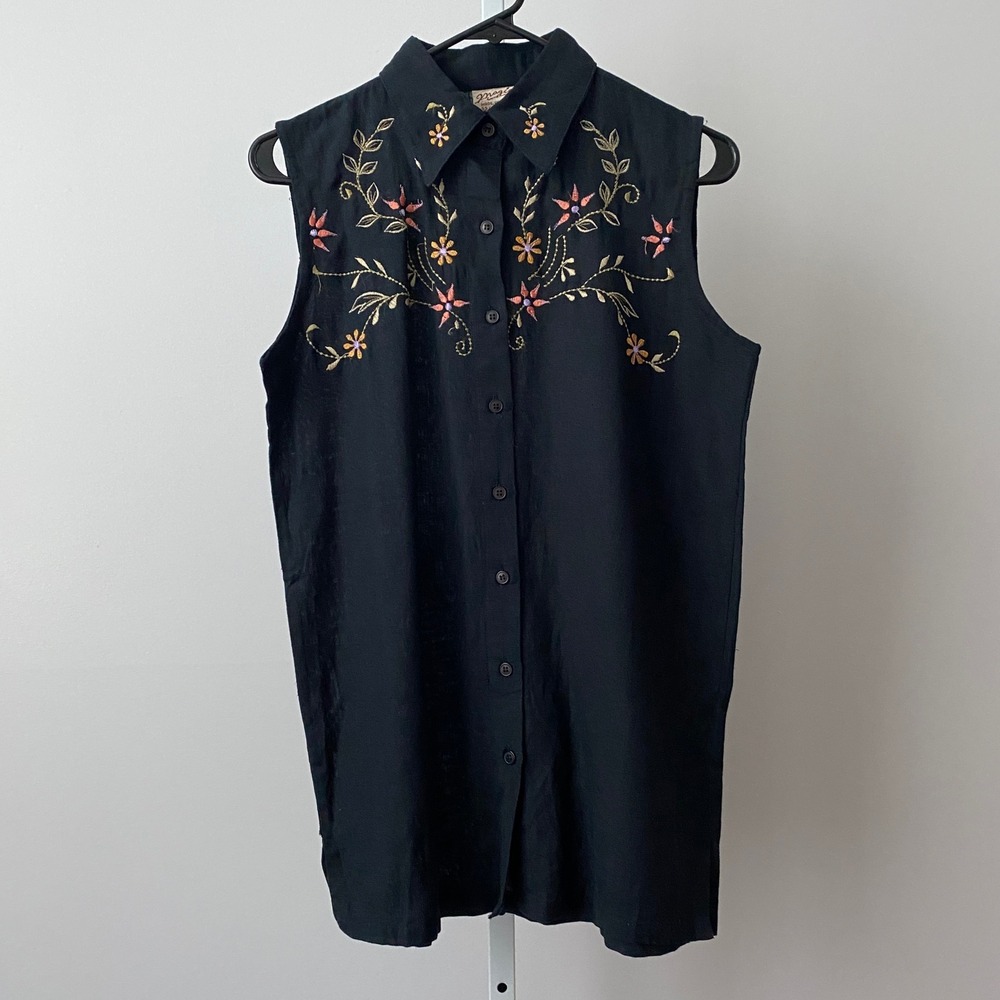 Magic Linen Cotton Boho Prairie Ethereal Witchy Floral Embroidered Top S Black